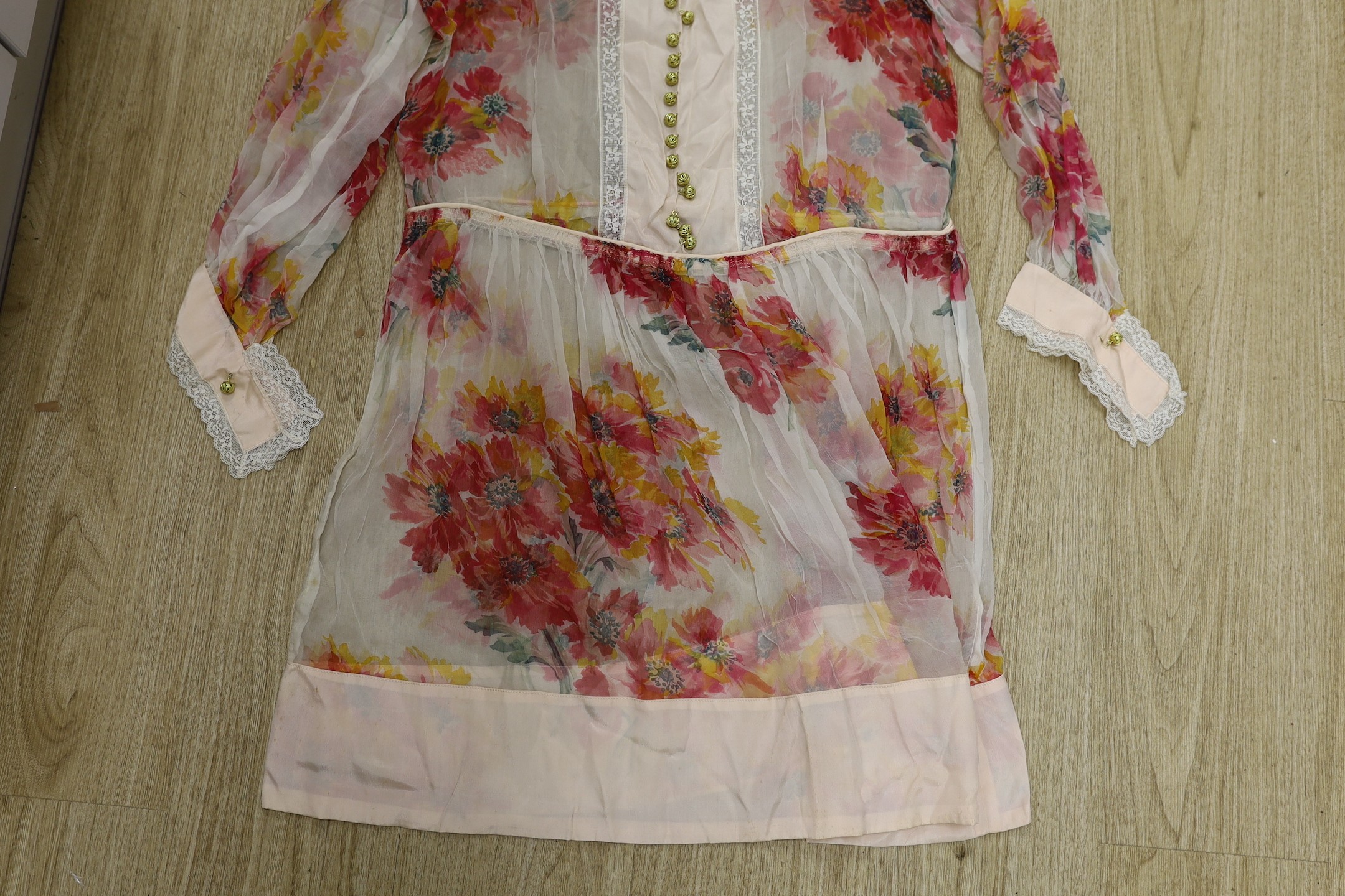 A 1920's floral chiffon dropped waist lace inset afternoon tea dress